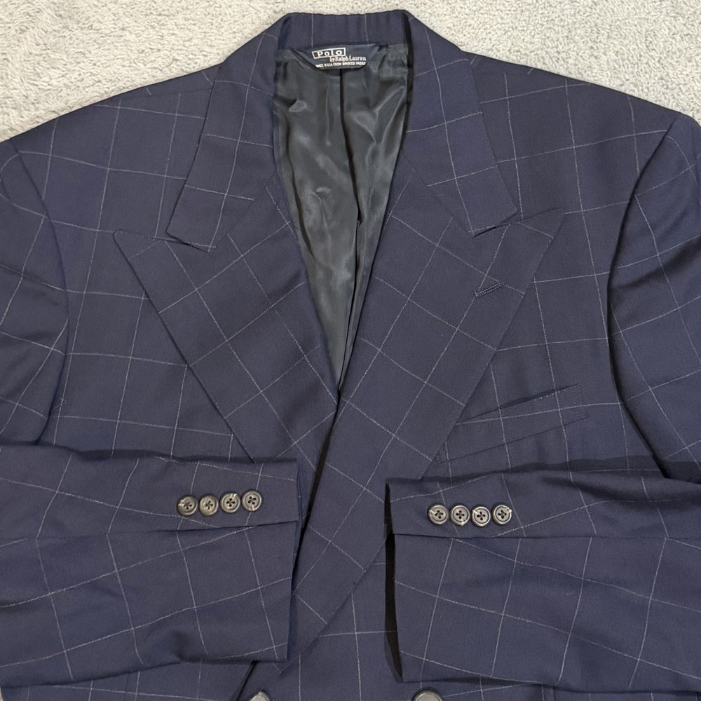 VTG 80s Polo Ralph Lauren 43R Wool Double Breast Navy Blazer Suit Jacket *READ
